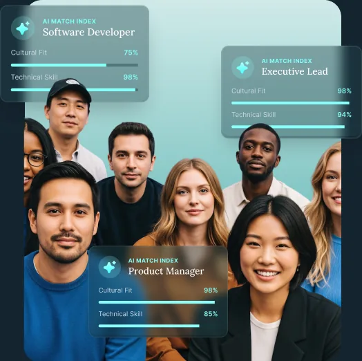 Diverse group portrait with AI Match Index scores for candidates