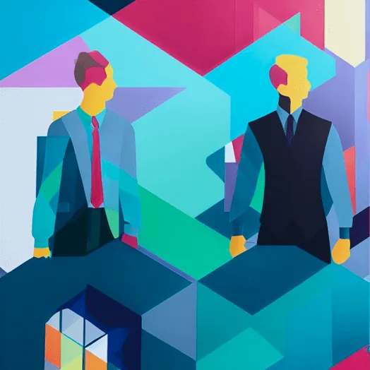 Illustration of two professionals facing each other in a geometric office scene
